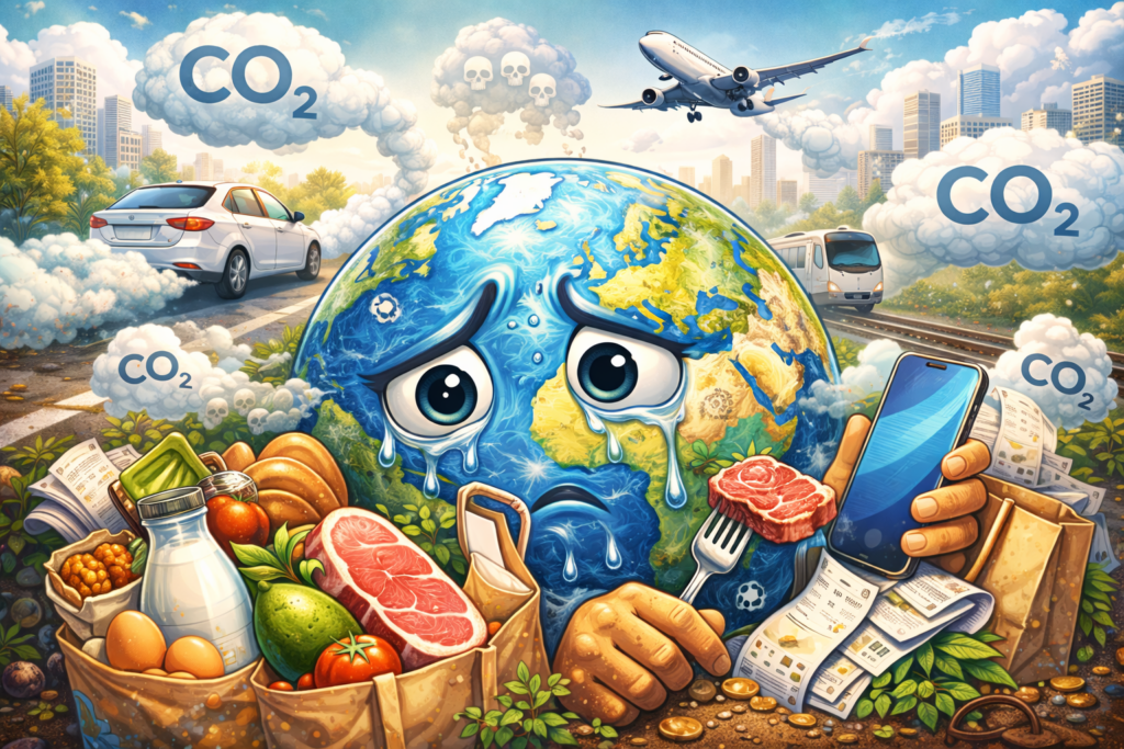 Invisible Carbon Footprint: How Much CO₂ You Emit Every Day Without Even Noticing. Your dinner and commute are heating the planet: real carbon footprint numbers. Photo.