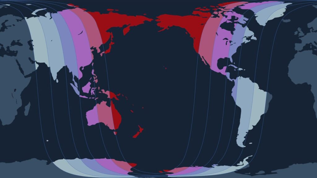 Visibility map for the total lunar eclipse on March 3, 2026