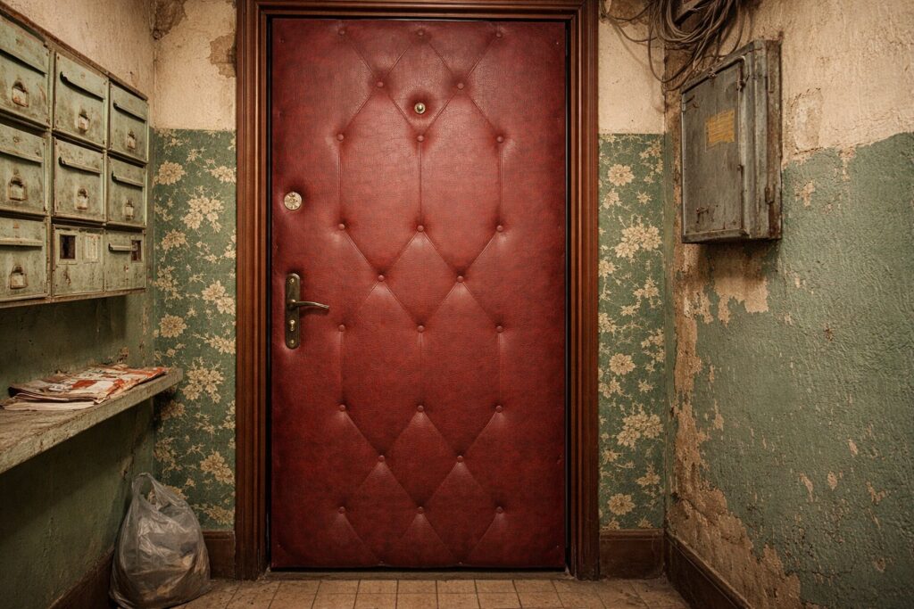 Decorating the Front Door. A door with leatherette looked more respectable. Decorating the Front Door. A door with leatherette looked more respectable. Photo.