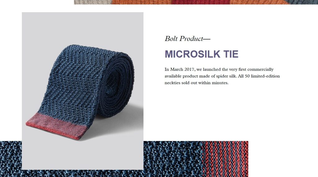 Clothing from spider silk. Bolt Threads tie made from spider silk. Image source: boltthreads.com. Photo.