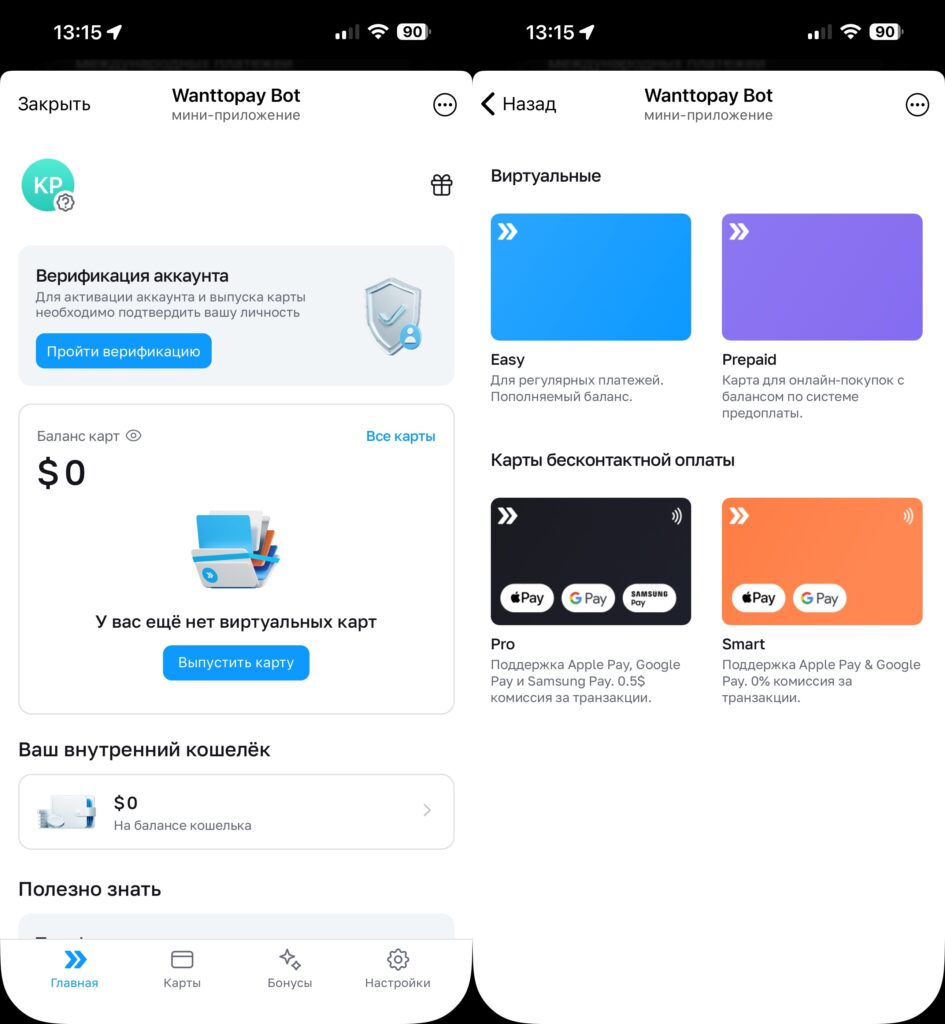 Wanttopay Bot in Telegram. The interface is simple and intuitive. Photo.
