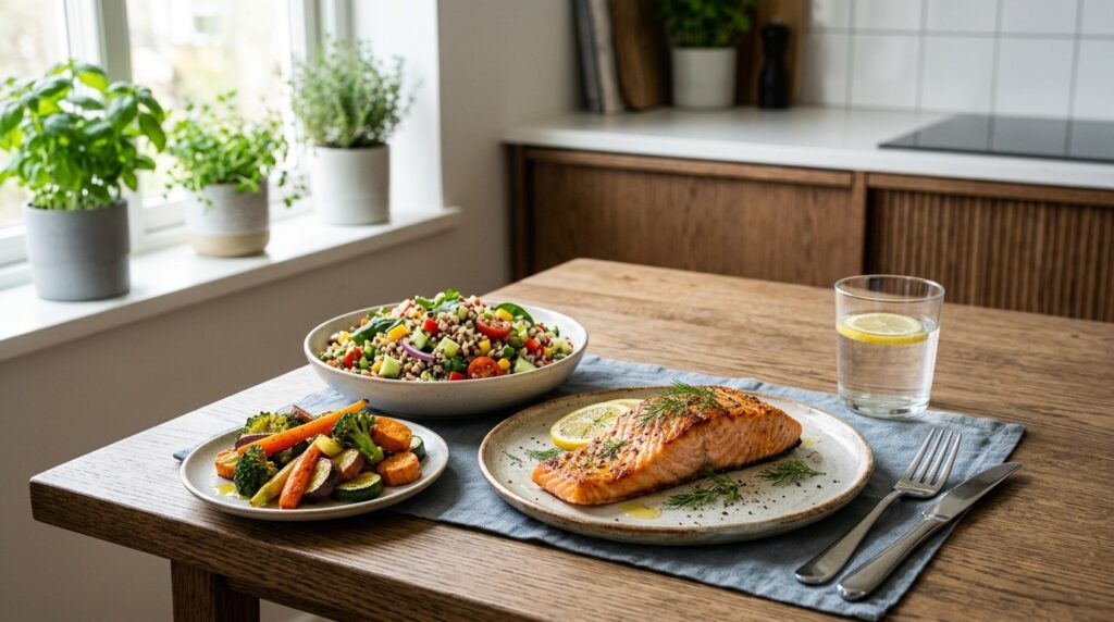 A diet rich in vegetables, fish, and whole grains is part of the optimal combination for heart health. Photo.