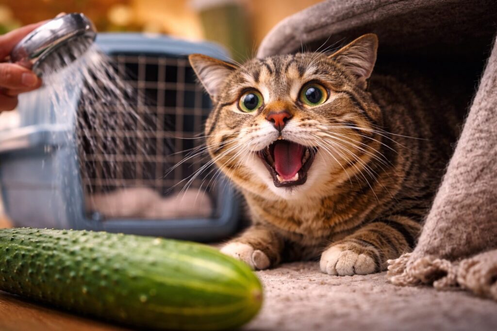 What Are Cats Afraid Of? 8 Vet-Confirmed Fears, Including Cucumbers and Water. What cats fear the most: this list of fears may surprise even experienced owners. What Are Cats Afraid Of? 8 Vet-Confirmed Fears, Including Cucumbers and Water. What cats fear the most: this list of fears may surprise even experienced owners. Photo.