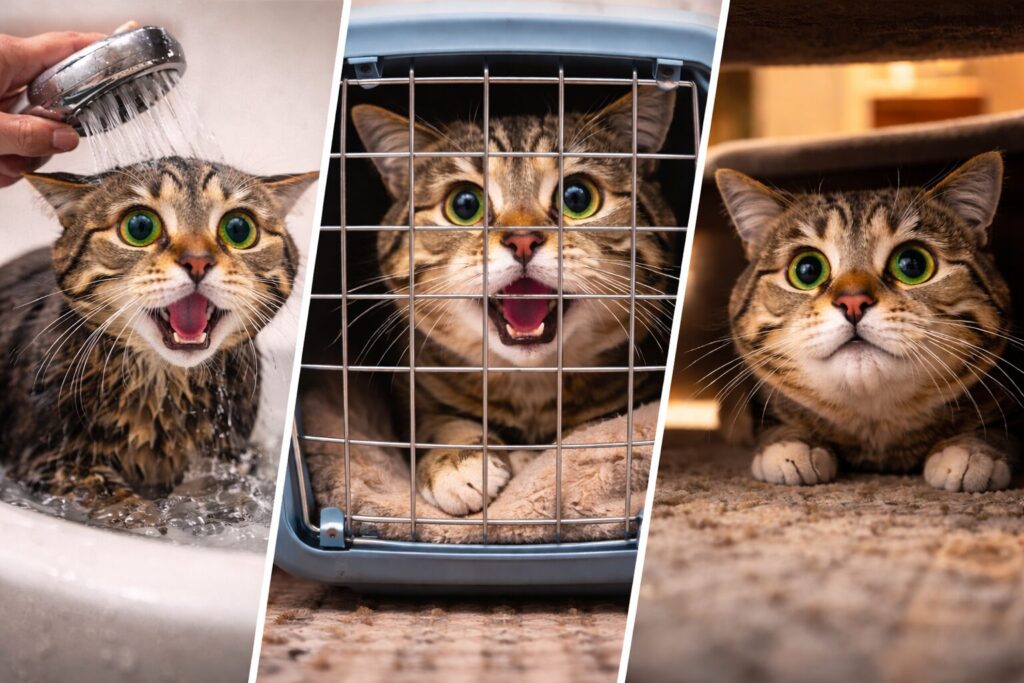 Why Cats Are Afraid of Loud Sounds, Carriers, and Punishment. Cats are very sensitive to their surroundings and love consistency. Because of this sensitivity, they can easily be frightened by certain objects, sounds, and situations. Why Cats Are Afraid of Loud Sounds, Carriers, and Punishment. Cats are very sensitive to their surroundings and love consistency. Because of this sensitivity, they can easily be frightened by certain objects, sounds, and situations. Photo.