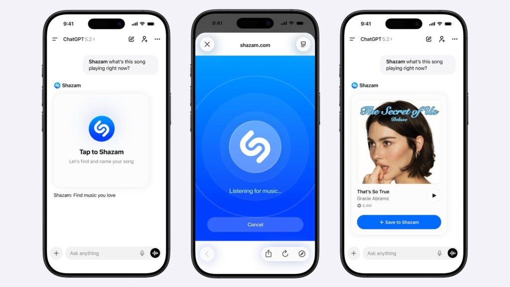 What the Shazam integration in ChatGPT offers. Identify music through Shazam right in ChatGPT. Photo.
