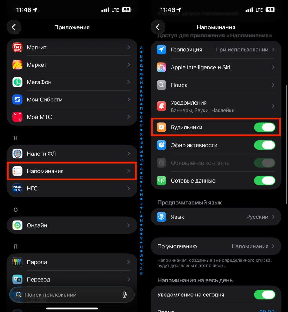How to enable alarm access for Reminders. Give Reminders on iPhone access to alarms. Photo.