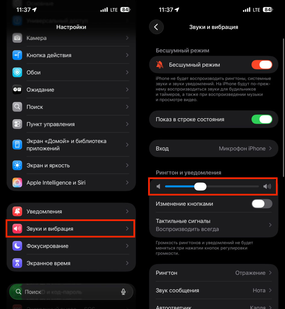 How to adjust alarm volume on iPhone through standard settings. Simply drag the slider to the desired level. Photo.