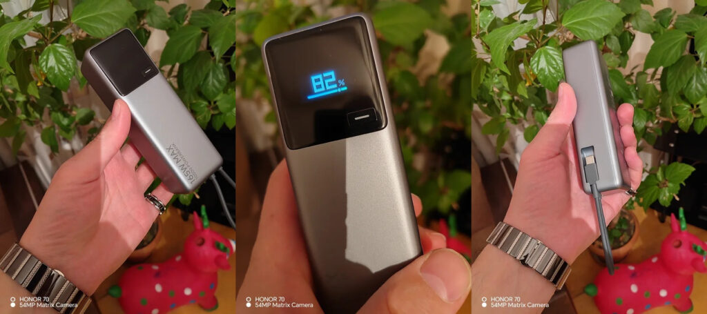 Power bank with built-in cable and display. A cool portable battery. Photo.