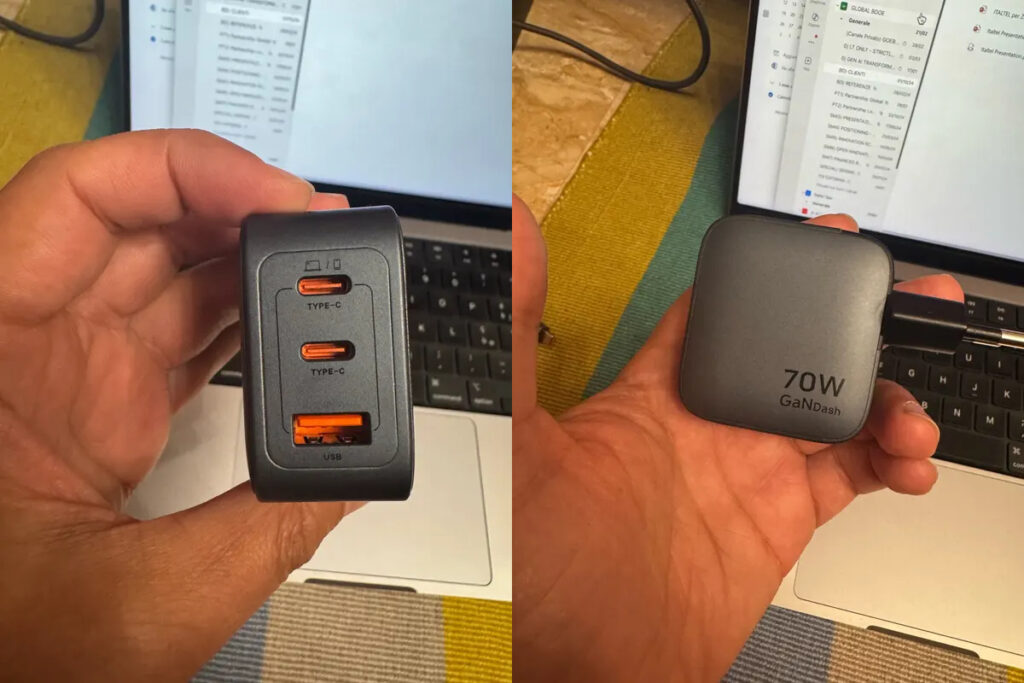 Compact 70W charger for all your devices. A convenient power adapter for multiple devices. Photo.