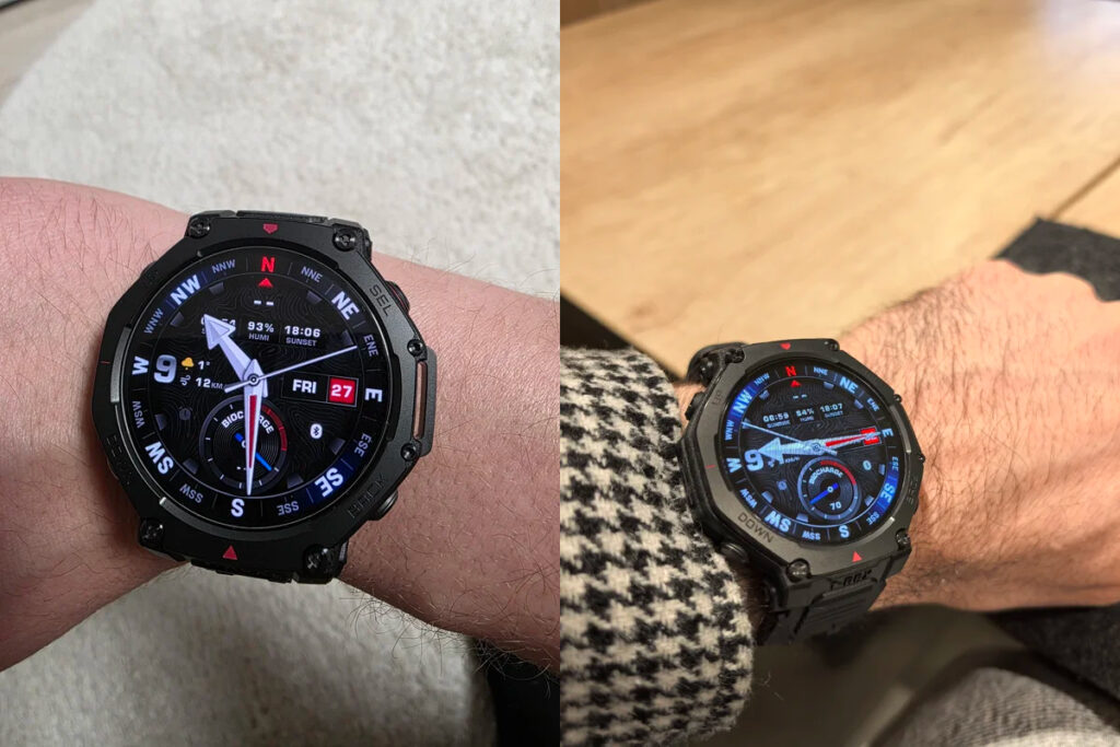 Rugged Amazfit T-Rex 3 Pro smartwatch for extreme sports enthusiasts. The watch is protected by all possible standards for this type of device. Photo.