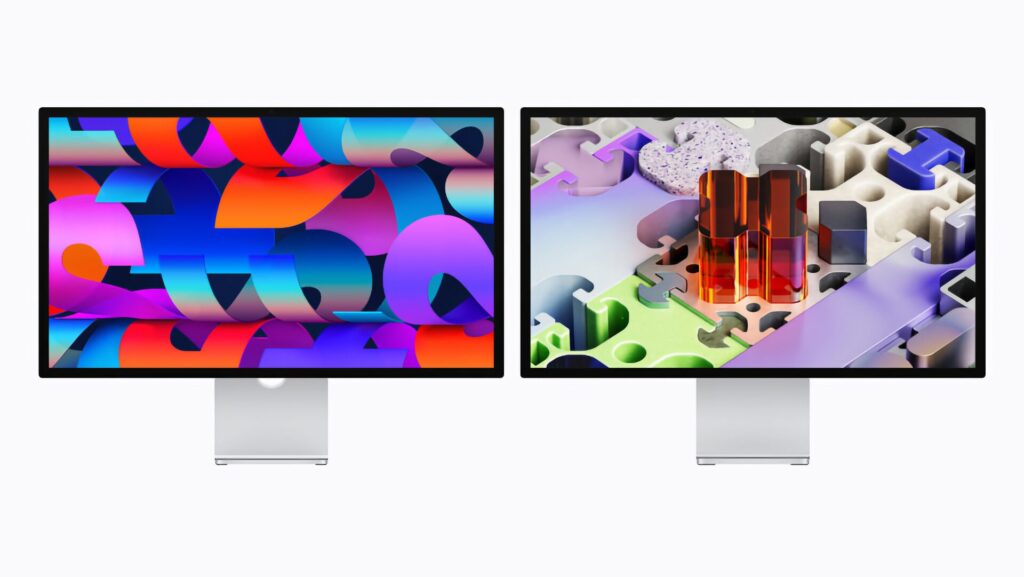 Apple's new monitor lineup: Studio Display XDR on the right, standard Studio Display on the left. They look almost identical on the outside, but inside — it's a completely different story. Image: Apple