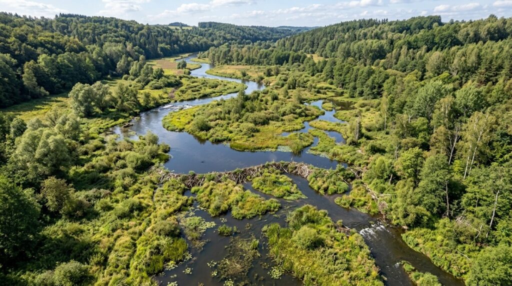 How beavers fight global warming. Beaver territories from above — a mosaic of ponds, shallows, and vegetation. Photo.
