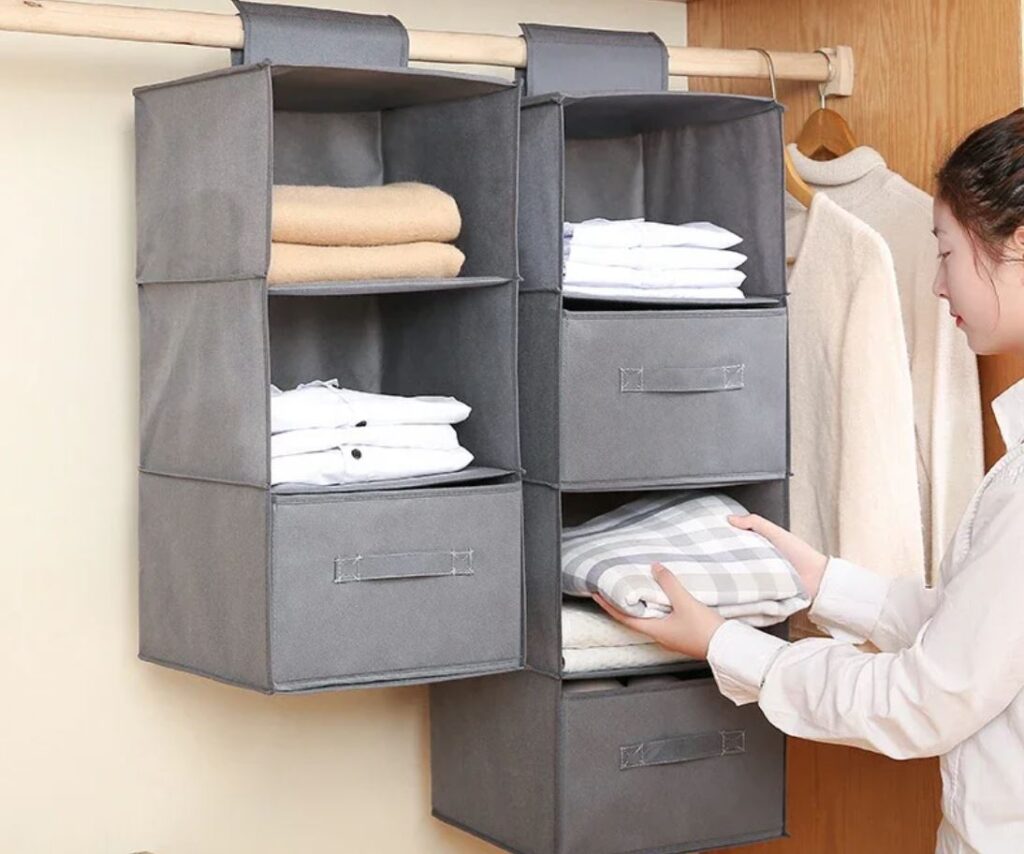 Hanging closet shelf that saves space. The organizer saves time and money by creating lots of space. Photo.