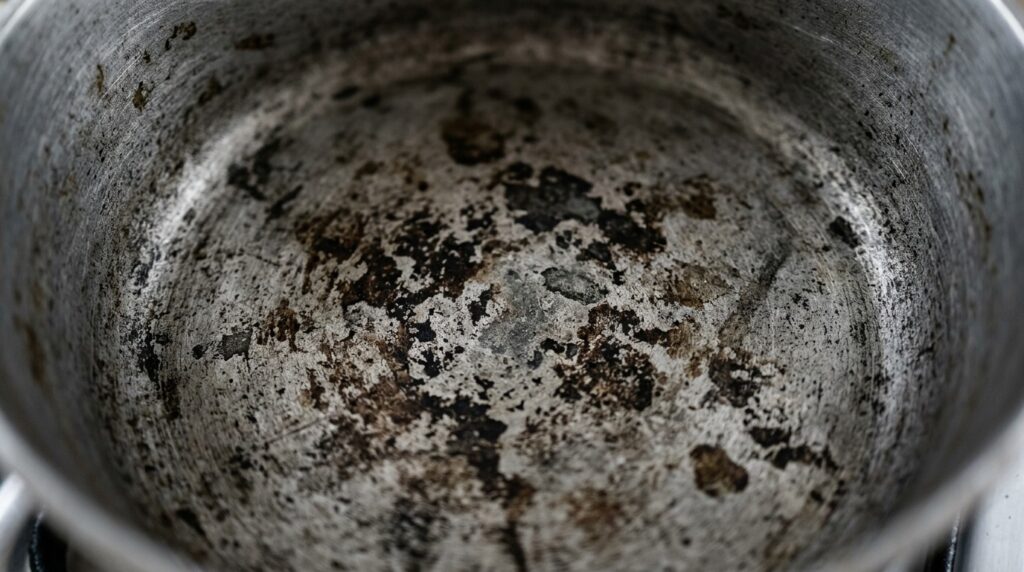 Dark spots on aluminum cookware — a typical result of cleaning with baking soda. Photo.
