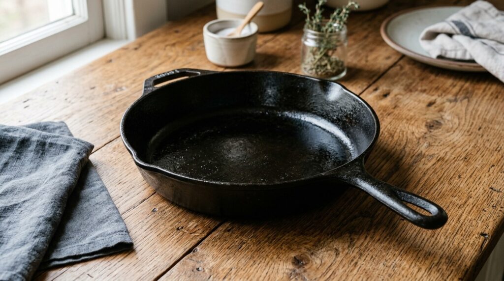 The non-stick layer of a cast iron skillet is easily damaged by baking soda. Photo.