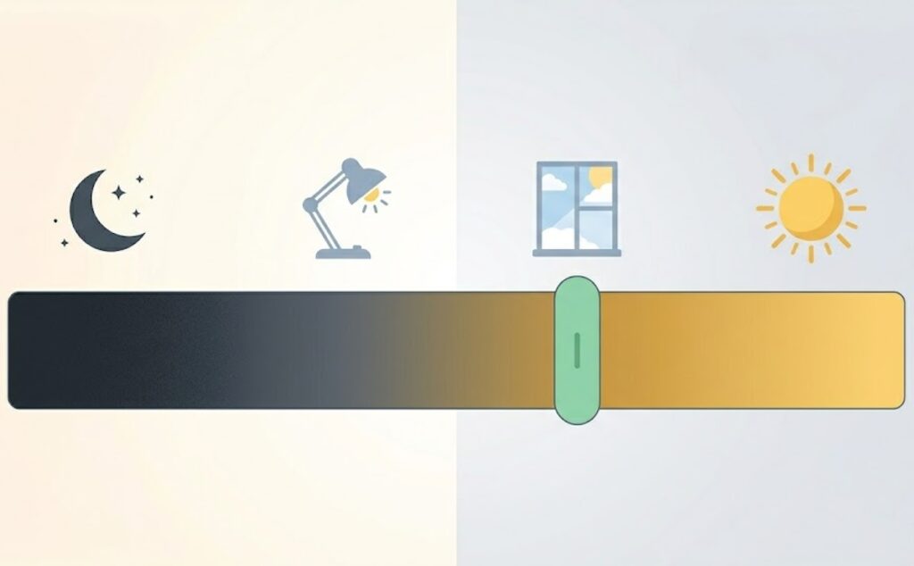 Brightness scale in lux — from a dark room to a sunny day