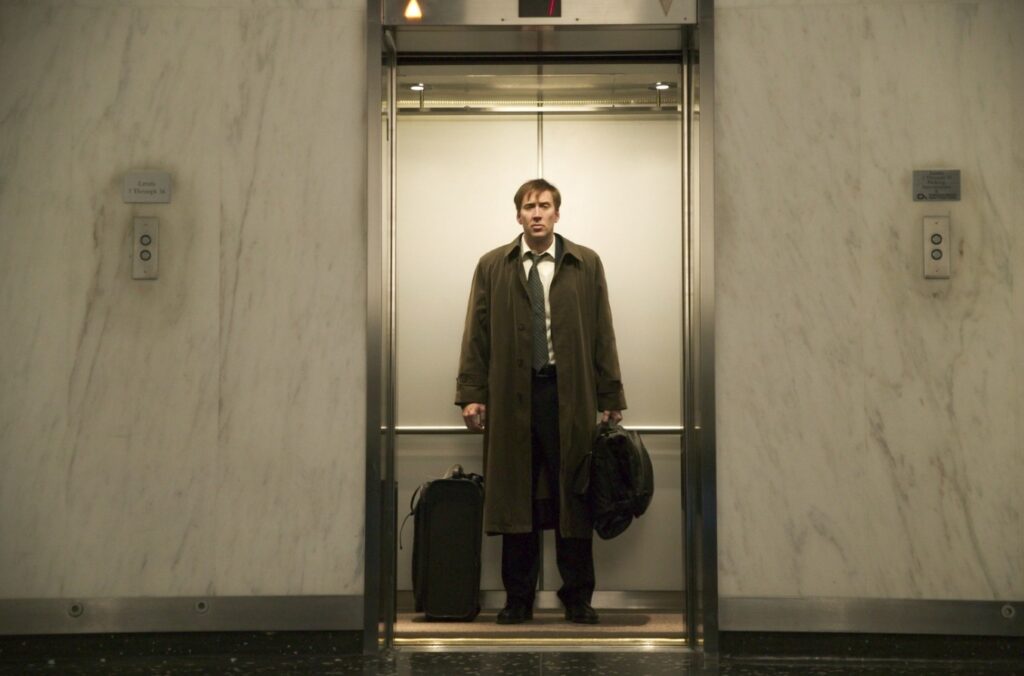 While going up in an elevator, a person momentarily becomes about 7 kilograms heavier. Still from the film "The Weather Man"