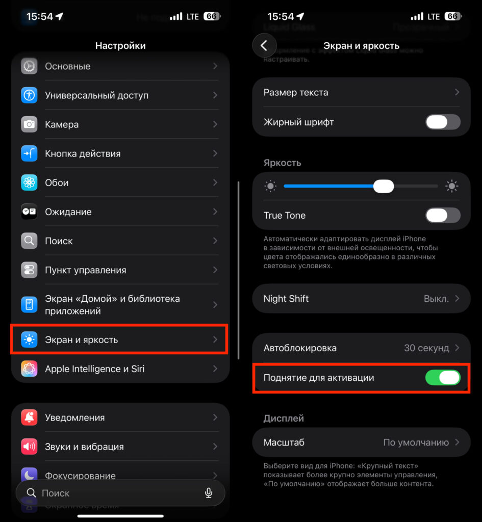 Raise to Wake not working on iPhone — how to enable. Check if this toggle is activated. Photo.