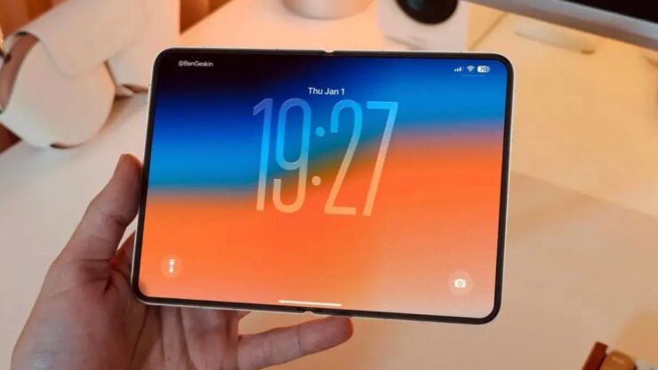 An unfolded iPhone Fold concept shown as a mini-tablet