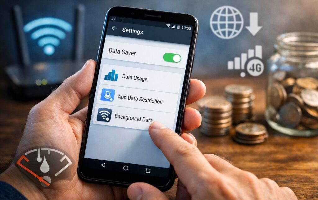 Android settings to save mobile data on your phone. Helping you save data on your Android smartphone. Photo.