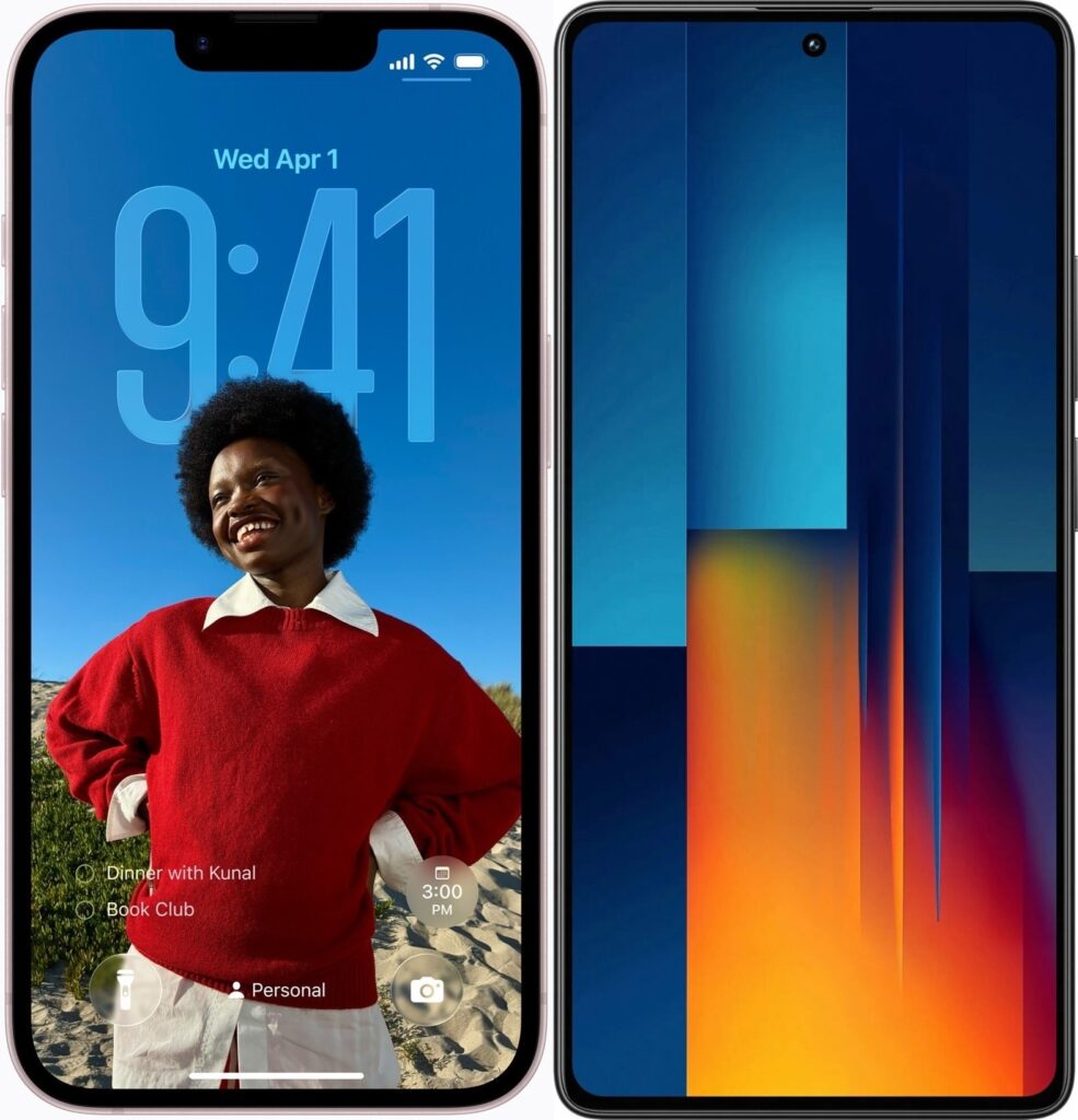 Display Notch and Bezels. iPhone 17e — on the left, POCO M6 Pro — on the right. Display Notch and Bezels. iPhone 17e — on the left, POCO M6 Pro — on the right. Photo.