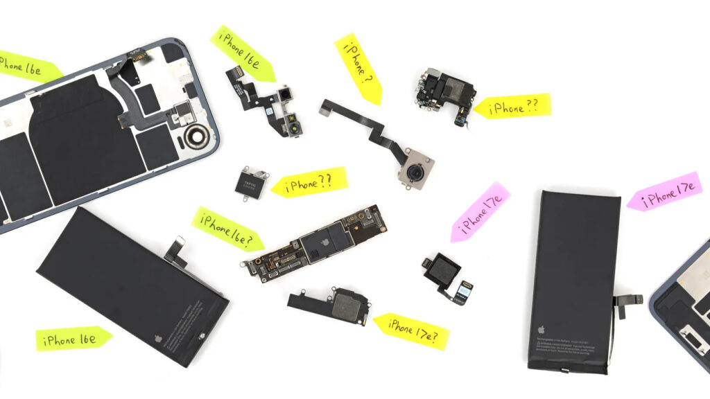Parts compatibility between iPhone 16e and 17e. Most parts from one iPhone fit the other. Image: 9to5mac.com. Photo.