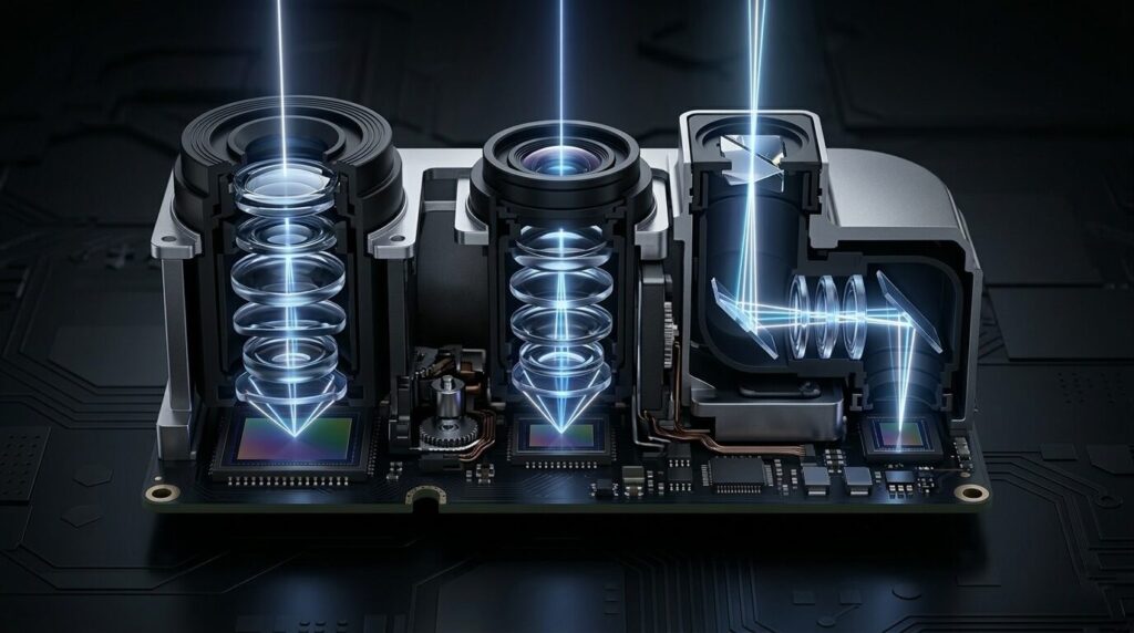 Why the iPhone needs three cameras. Three cameras and a mysterious black dot nearby — that's the LiDAR scanner, which builds a depth map using laser pulses. Photo.