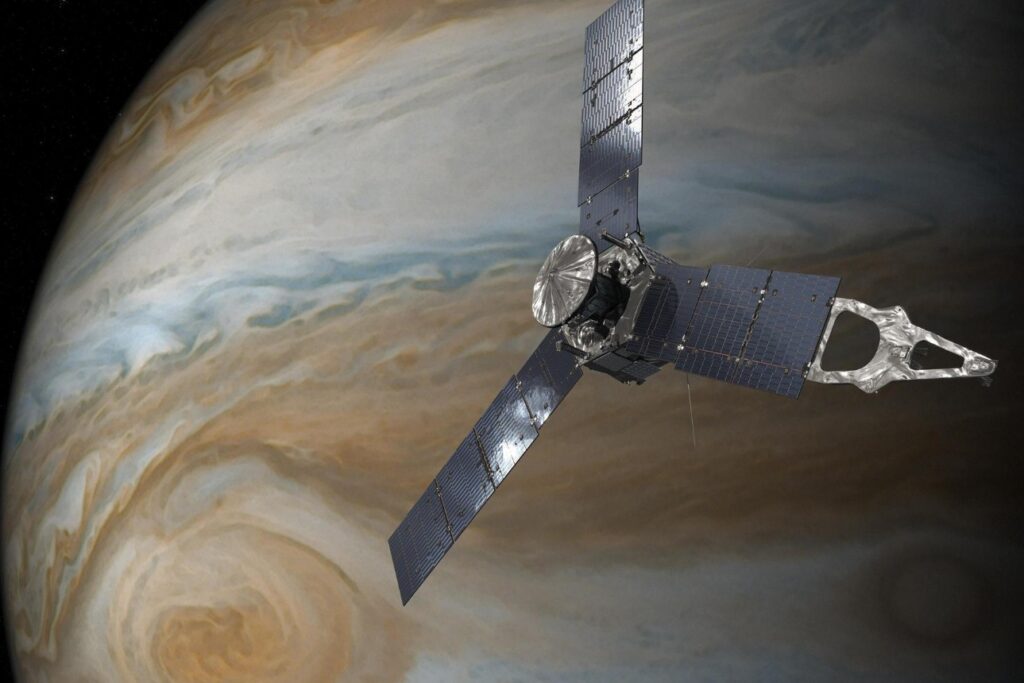 The Juno probe near Jupiter's cloud bands. Image source: science.nasa.gov. Photo.