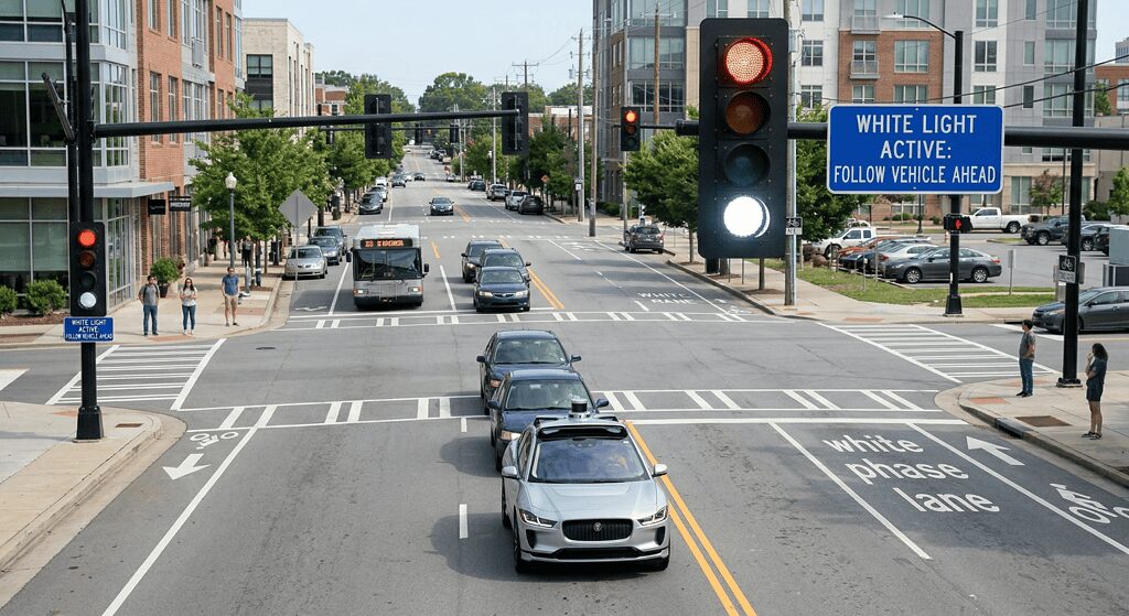 Intersection of the future: a white signal is added to the familiar red and green traffic lights
