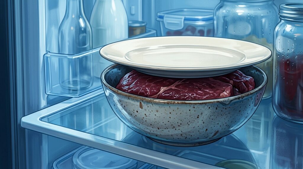 Meat defrosting in the refrigerator in a deep dish. Photo.