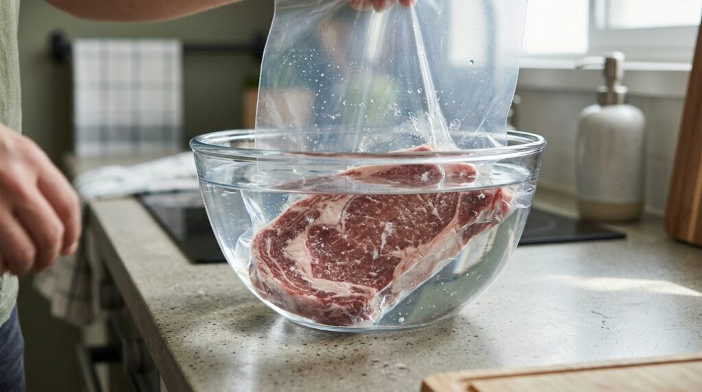 Meat in a sealed bag defrosting in cold water. Photo.