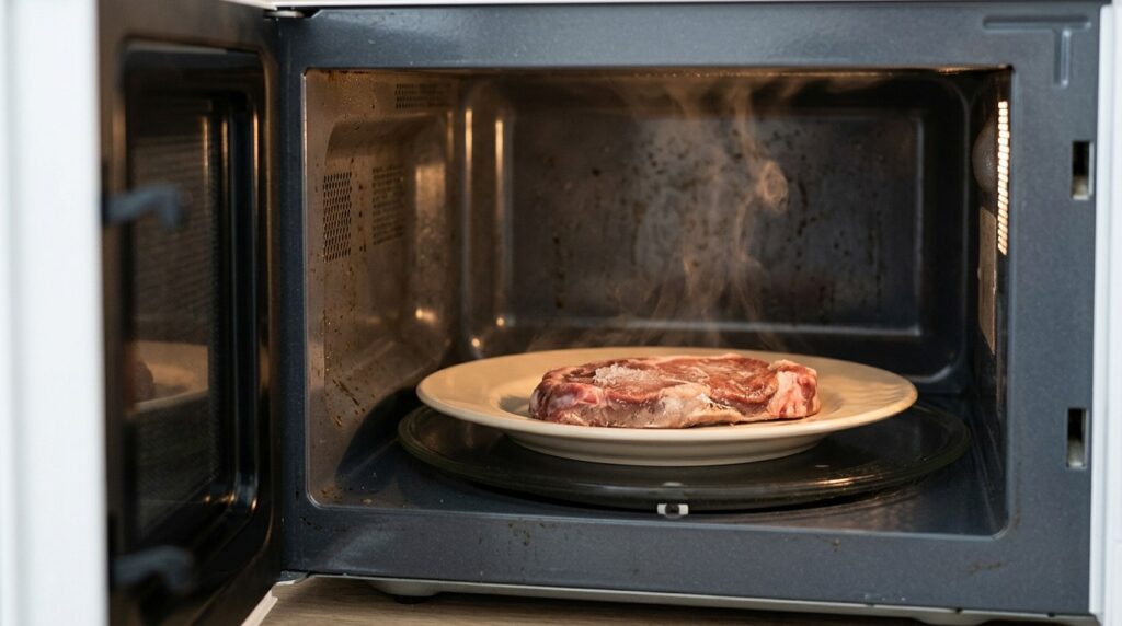 Meat in the microwave should be flipped every 2–3 minutes. Photo.