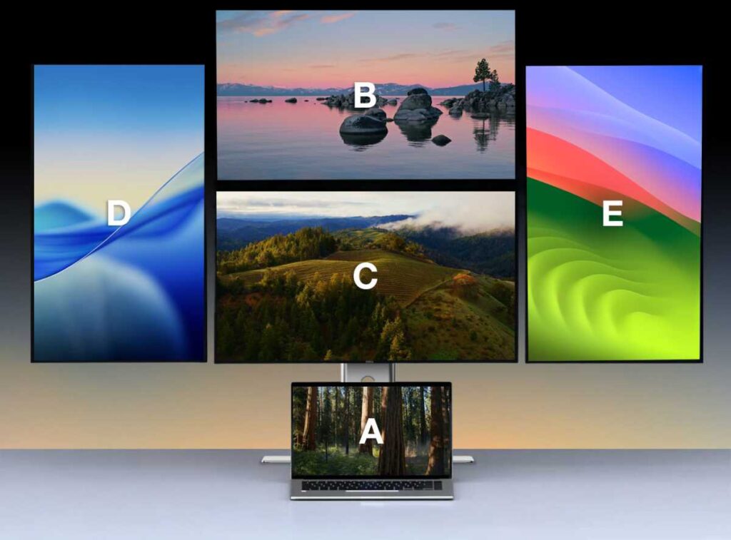 MacBook Pro with four external monitors through a single Thunderbolt 5 dock. Image: macworld.com