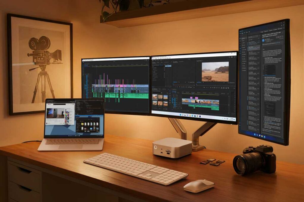 External monitor setup connected to a MacBook with a single cable