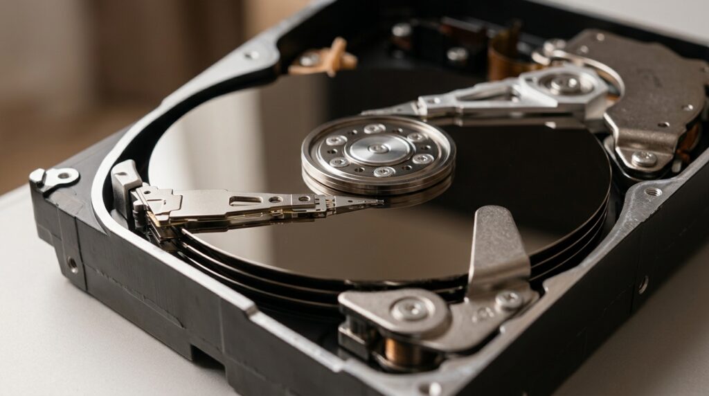 Platters and read head inside a hard drive