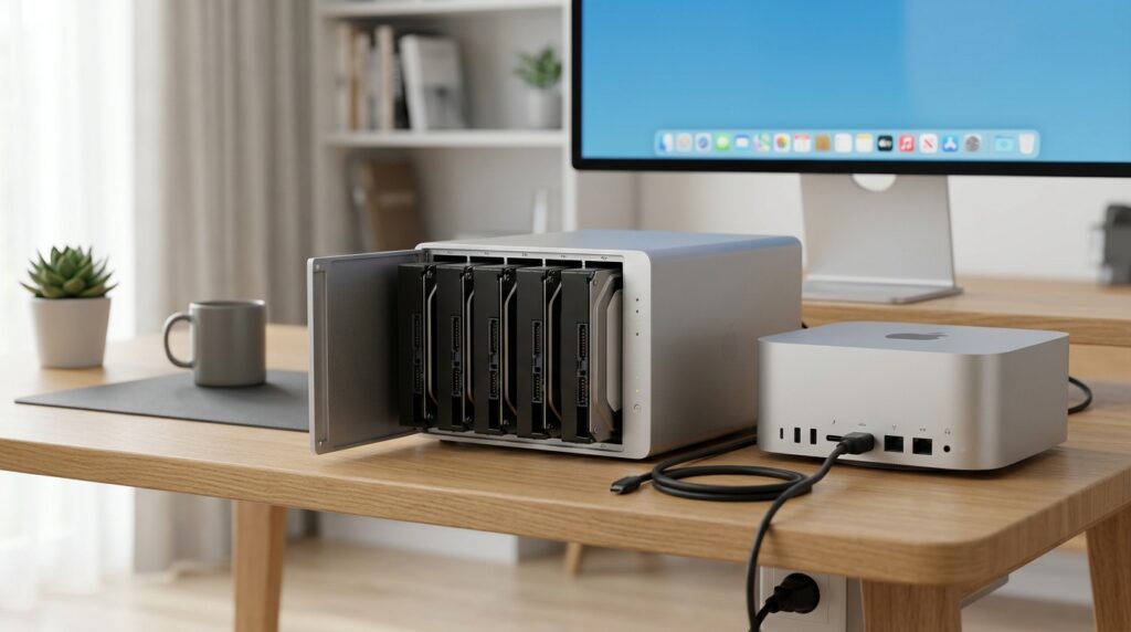 Multi-drive DAS enclosure next to a Mac Studio