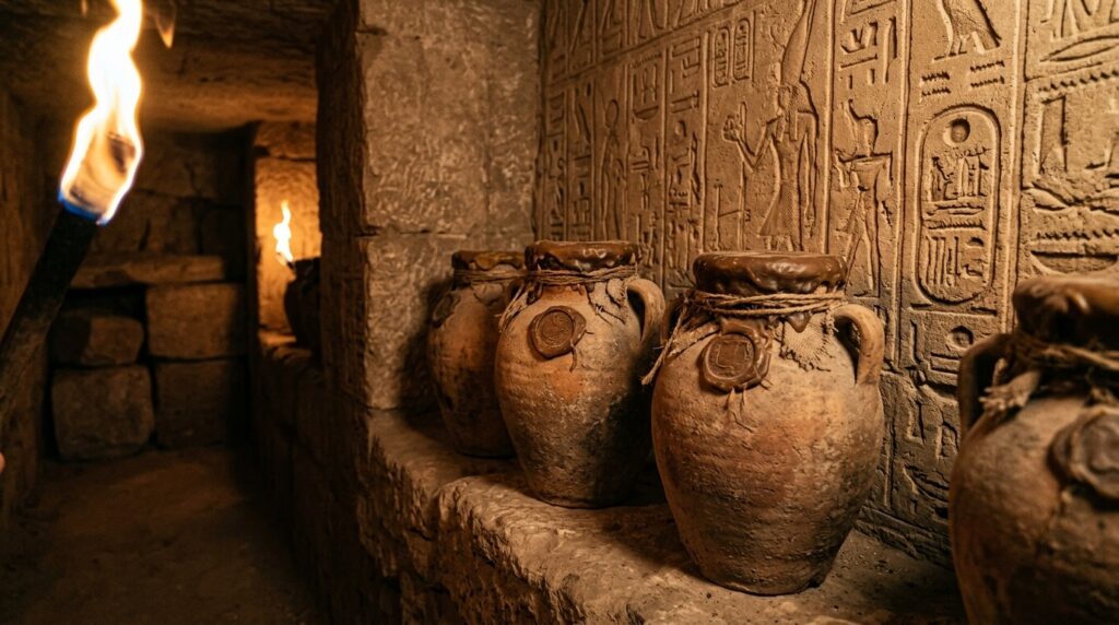 Ceramic vessels with wax seals in an Egyptian tomb. Photo.