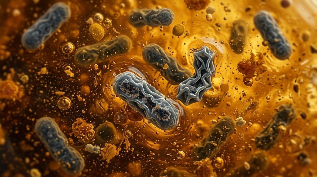 Bacterial cells lose water and die in a super-concentrated sugar solution. Photo.