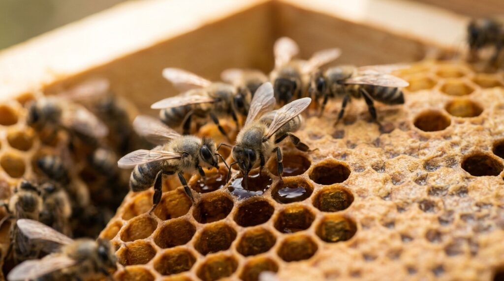 Bees fan the nectar cells with their wings, evaporating excess water. Photo.