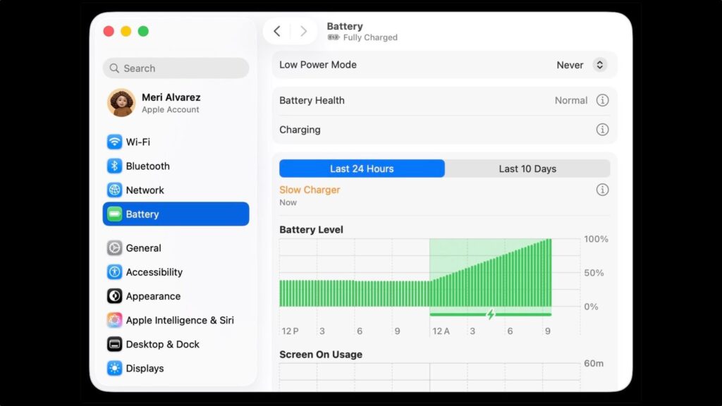 What the Slow Charger notification means in macOS 26.4. This small label appears in the battery section. Image: macrumors.com. Photo.