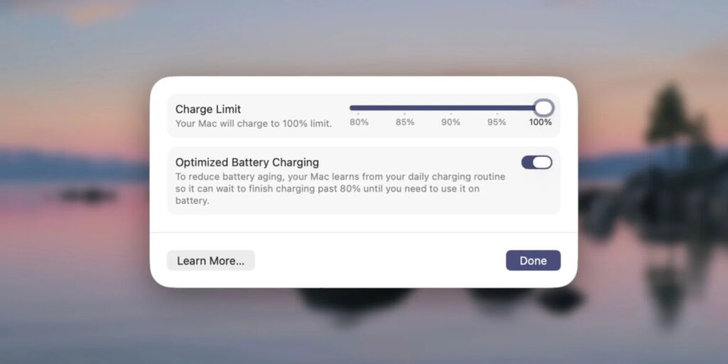 MacBook battery charge limit — the second new feature in macOS 26.4. The charge limit has also appeared in settings. Image: 9to5mac.com. Photo.