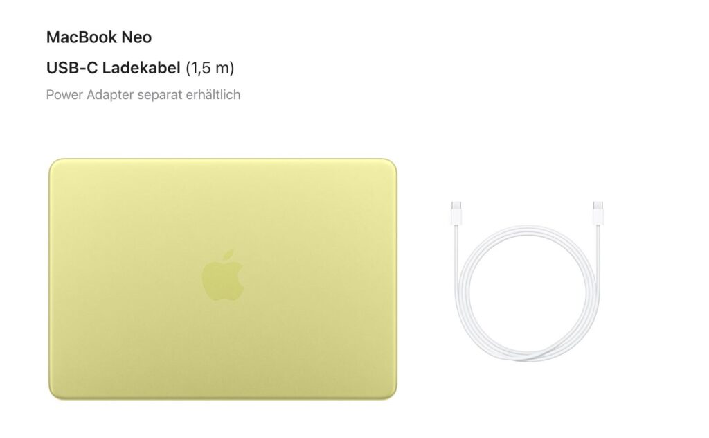 Why MacBook Neo is sold without a charger in Europe. European MacBook Neo boxes only include a cable. You'll have to buy the charger yourself. Photo.