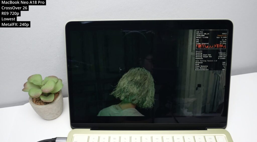 MacBook Neo gaming test results. The new Resident Evil was unplayable due to low FPS. Image: Andrew Tsai. Photo.