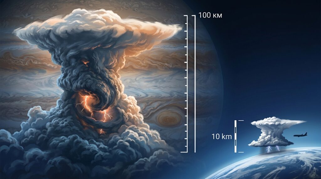 A Jovian storm can reach 100 km in height — 10 times greater than an Earth one. Photo.