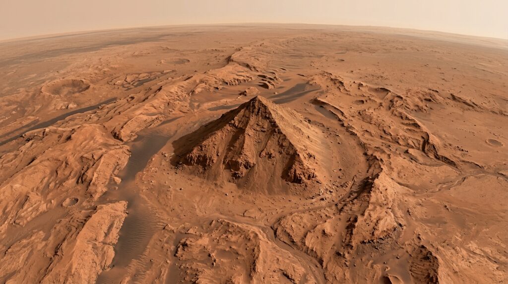 Three-sided rock structure on the surface of Mars, captured from orbit
