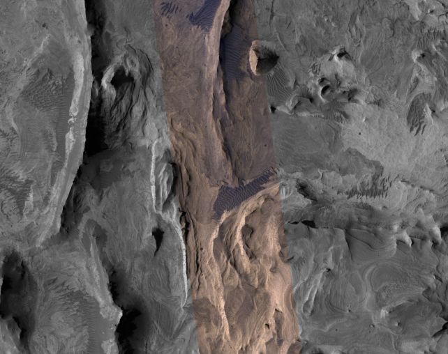 This image was captured by the HiRISE camera on the Mars Reconnaissance Orbiter, which shoots in color infrared along the central strip. Image source: sciencealert.com. Photo.