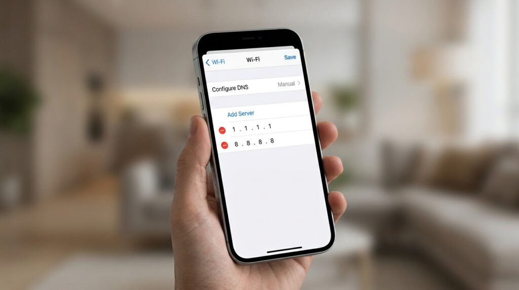 Manual DNS configuration in Wi-Fi settings on iPhone