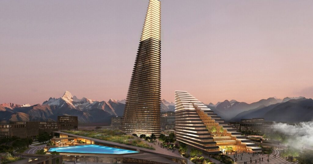 New City in Kazakhstan with Skyscrapers: What Is Known About the Project. Two futuristic wedge-shaped towers against a mountain range backdrop — a render of the future complex. New City in Kazakhstan with Skyscrapers: What Is Known About the Project. Two futuristic wedge-shaped towers against a mountain range backdrop — a render of the future complex. Photo.