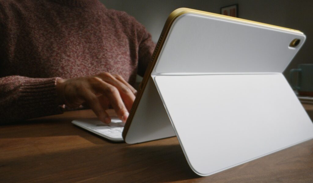 Keep in mind that you'll need a desk to work on this keyboard. The tablet will fall off your lap. Image: apple.com