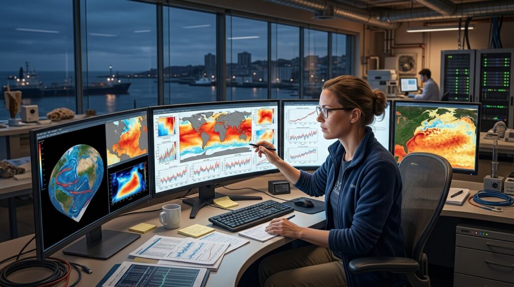 Climatologists analyze ocean temperature data at a research center